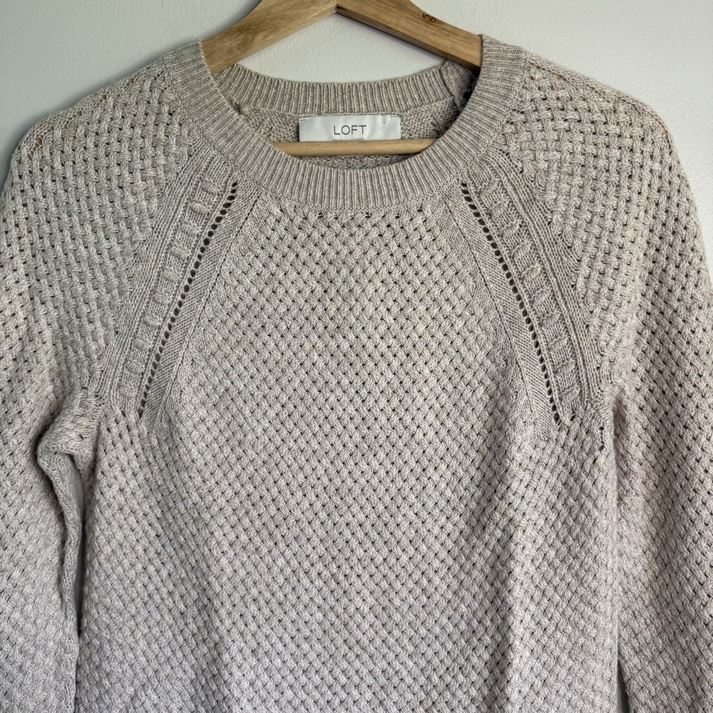 LOFT TAN BRAIDED DESIGN COTTON WOOL BLEND PULLOVER SWEATER TOP X-Small NWT - Picture 2 of 7
